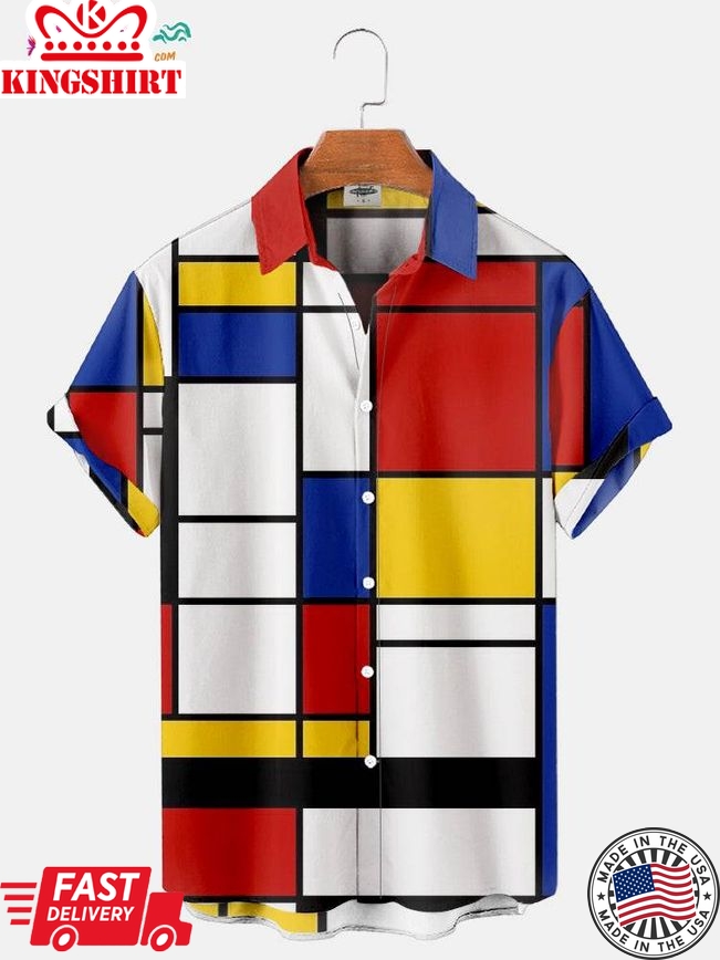 Men's Color Block Mondrian Print Short Sleeve Trending Hawaiian Shirts Shirt