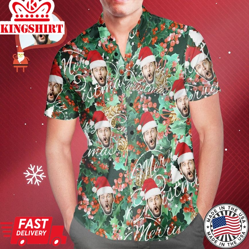 Men's Custom Face Merry Christmas Hawaiian Shirt Personalized Christmas Gift