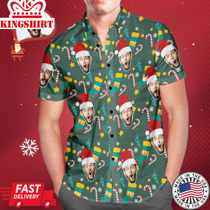 Men's Custom Face Wear Santa Hat Christmas Hawaiian Aloha Shirts Christmas Gift