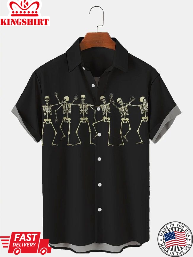 Men's Dancing Skull Button Print Short Sleeve Shirt