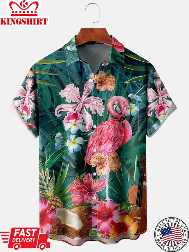 Men's Flamingo Print Casual Breathable Hawaiian Short Sleeve Shirt