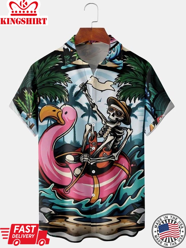 Men's Flamingo Skull Floating Beach Party Print Short Sleeve Shirt