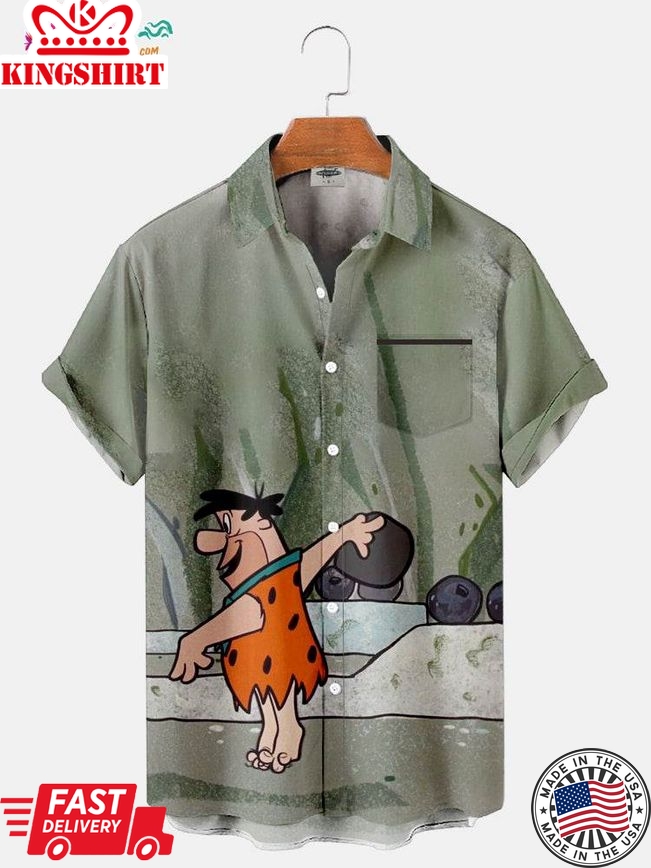 Men's Flintstones Barney And Fred Bowling Print Aloha Shirt