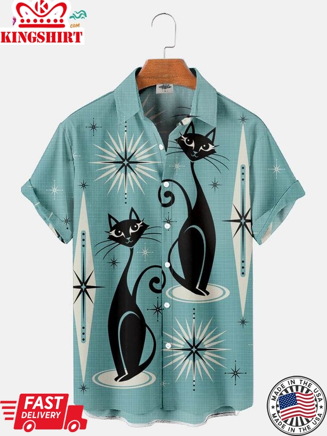 Men's Geometric Shapes And Cats Print Trending Hawaiian Shirts Shirts