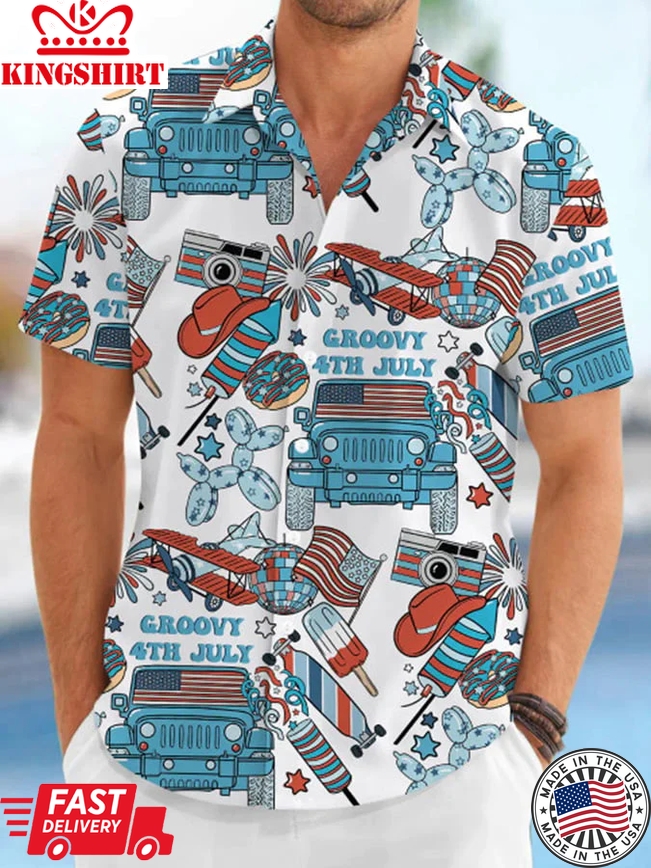 Men's Groovy Fourth Of July Print Short Sleeve Casual Shirt