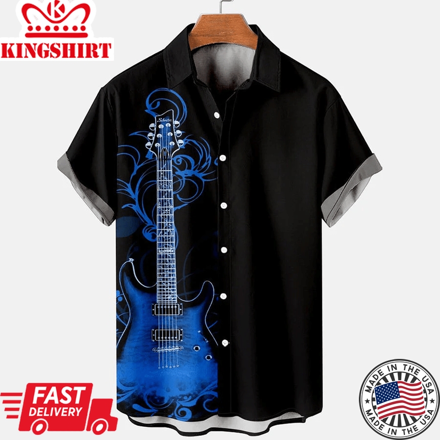 Men's Guitar Pattern Casual Print Loose Short Sleeve Trendy Hawaiian Shirt