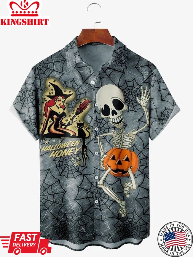 Men's Halloween Skull Print Moisture Wicking Fabric Fashion Lapel Short Sleeve Shirts