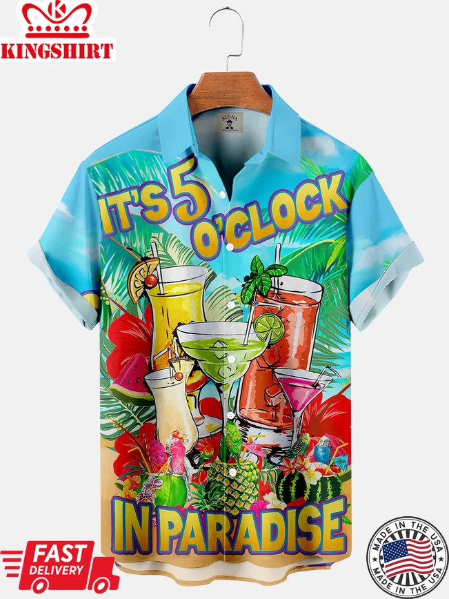 Men's Hawaiian Cocktail Glass It's 5 O'Clock In Paradise Print Short Sleeve Trendy Hawaiian Shirt