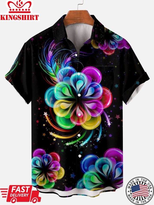 Men's Hawaiian Floral Colorblock Print Short Sleeve Shirt