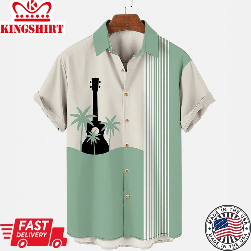 Men's Hawaiian Music Guitar Stripe Panel Casual Shirt