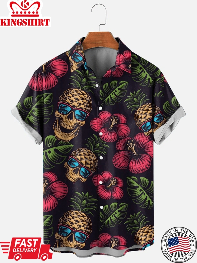 Men's Hawaiian Pineapple Skull Casual Short Sleeve Shirt