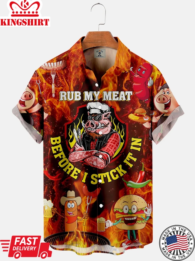 Men's Hawaiian Rub My Meat Before I Stick It In Fun Flame Print Short Sleeve Shirt