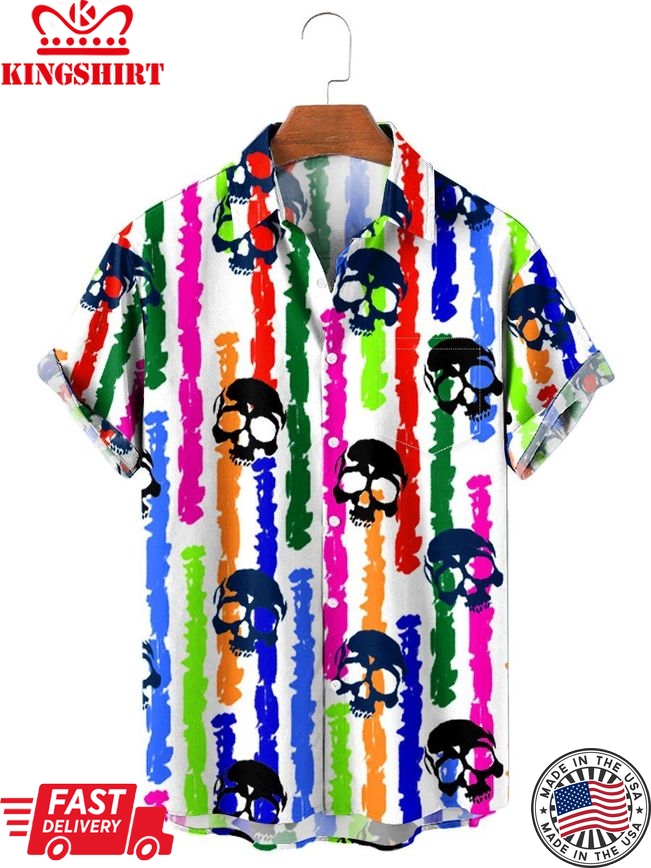 Men's Hawaiian Shirt Rainbow Stripes Skulls Chest Pocket Short Sleeve Shirt