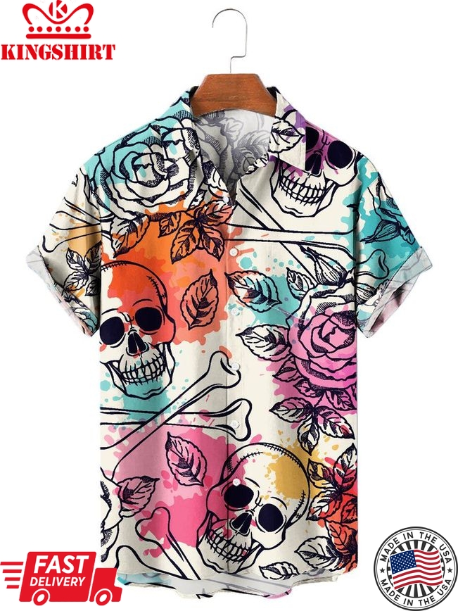 Men's Hawaiian Shirt Vintage Skulls And Roses Chest Pocket Short Sleeve Shirt