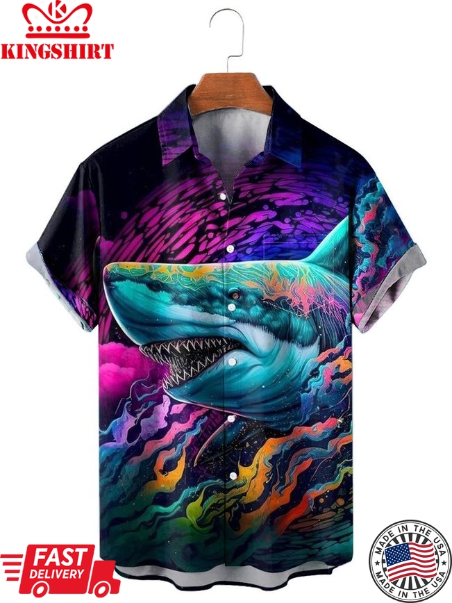 Men's Hawaiian Shirts Colorful Ocean Shark Print Aloha Shirts