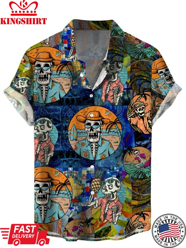 Men's Hawaiian Shirts Skeletons On Vacation Print Short Sleeve Shirt