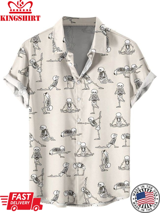 Men's Hawaiian Shirts Skeletons Yoga Print Short Sleeve Shirt