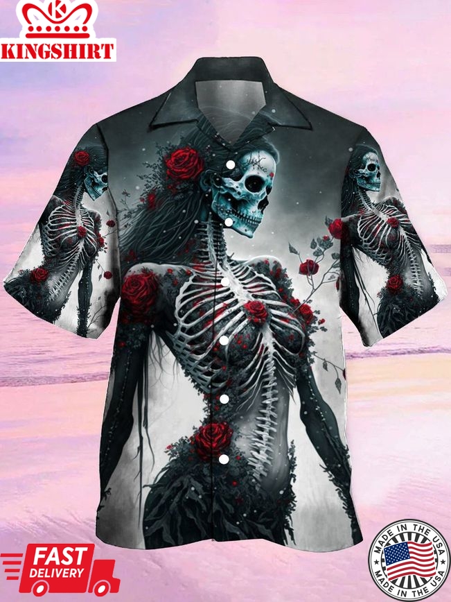 Men's Hawaiian Shirts Skull Love Darkness Beauty With Roses Hawaiian Shirt