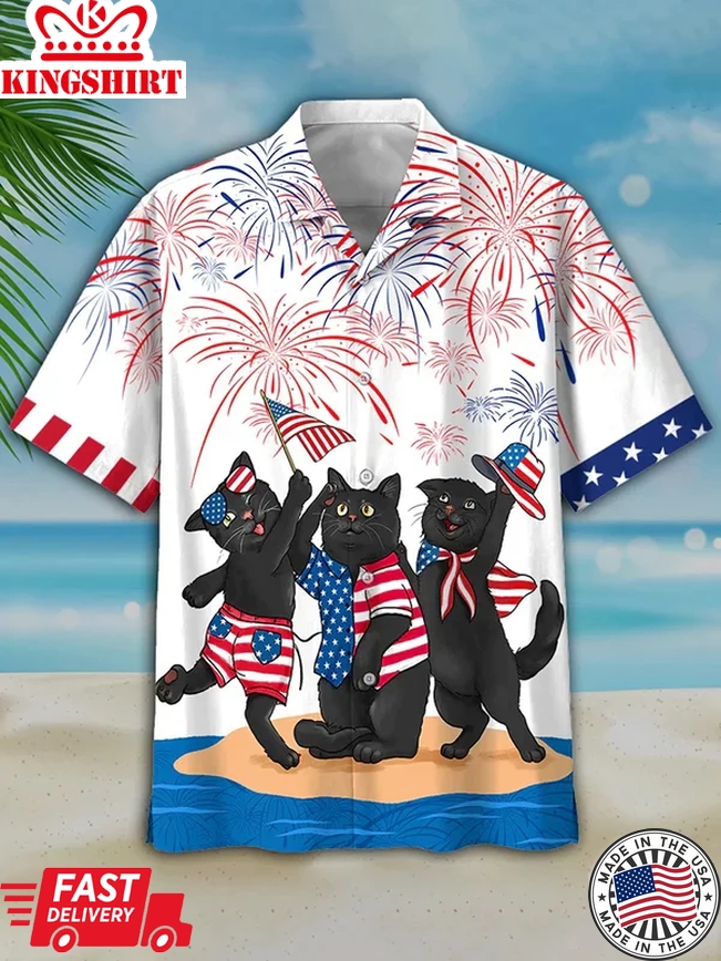 Men's Independence Day Is Coming Cat Print Casual Trendy Hawaiian Shirt, Usa Patriotic Trendy Hawaiian Shirt