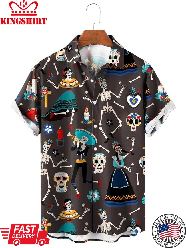 Men's Mexican Day Of The Dead Print Short Sleeve Shirt