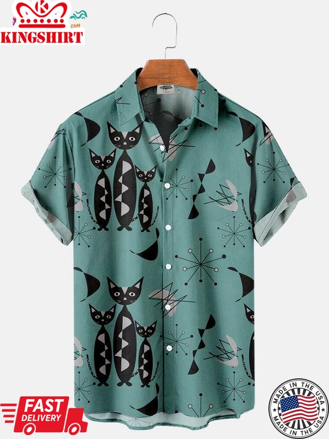 Men's Mid Century Modern Cat Geometric Print Regular Sleeve Trending Hawaiian Shirts Shirt