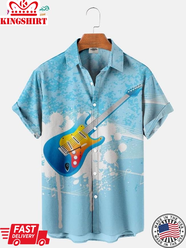 Men's Music Guitar Geometric Print Regular Sleeve Trending Hawaiian Shirts Shirt