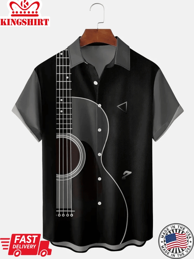 Men's Music Guitar Print Loose Casual Trendy Hawaiian Shirt, Guitar Lover Gifts