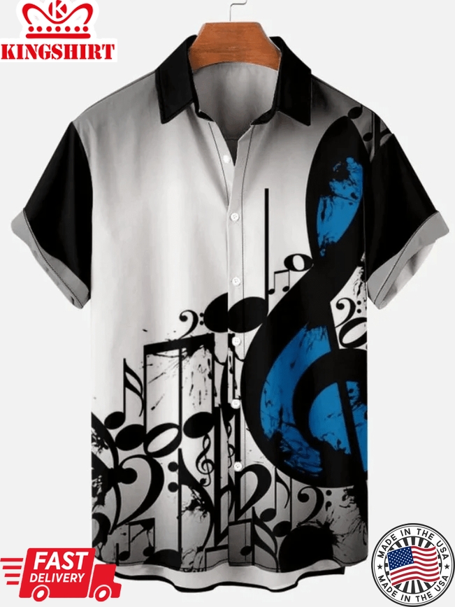 MenS Music Note Color Block Casual Tribal Short Sleeve Trendy Hawaiian Shirt