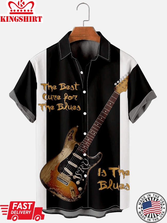 Men's Patchwork Trendy Hawaiian Shirt: Simple Music Guitar Design for Casual Style