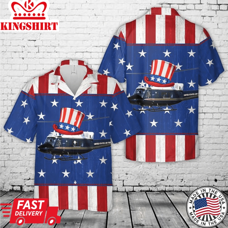 Men's Patriotic Trendy Hawaiian Shirt: Bell UH-1N Twin Huey Squadron Apparel for US Air Force Fans