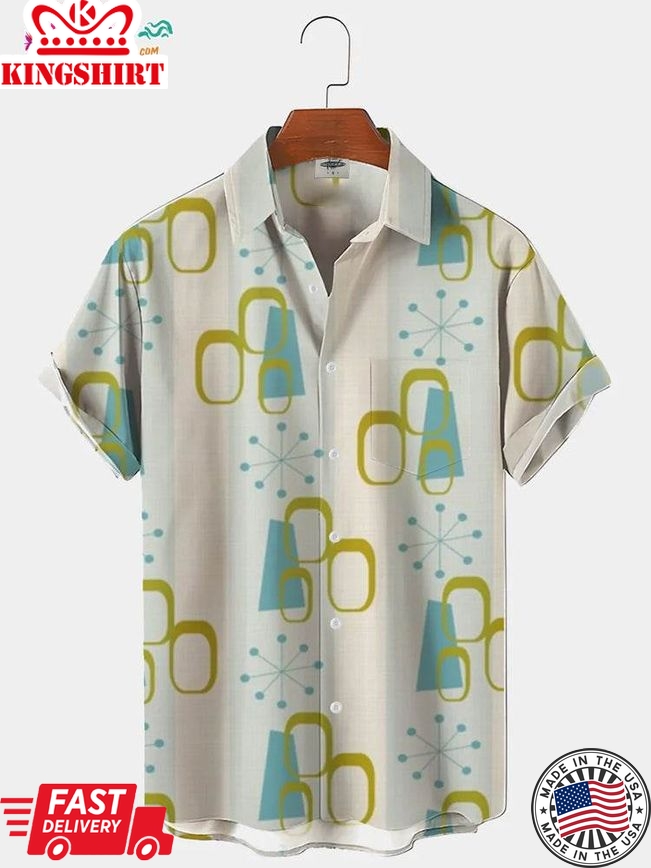 Men's Retro Aloha Shirt - 1950s Atomic Geometry Print, Perfect for a Vintage Look