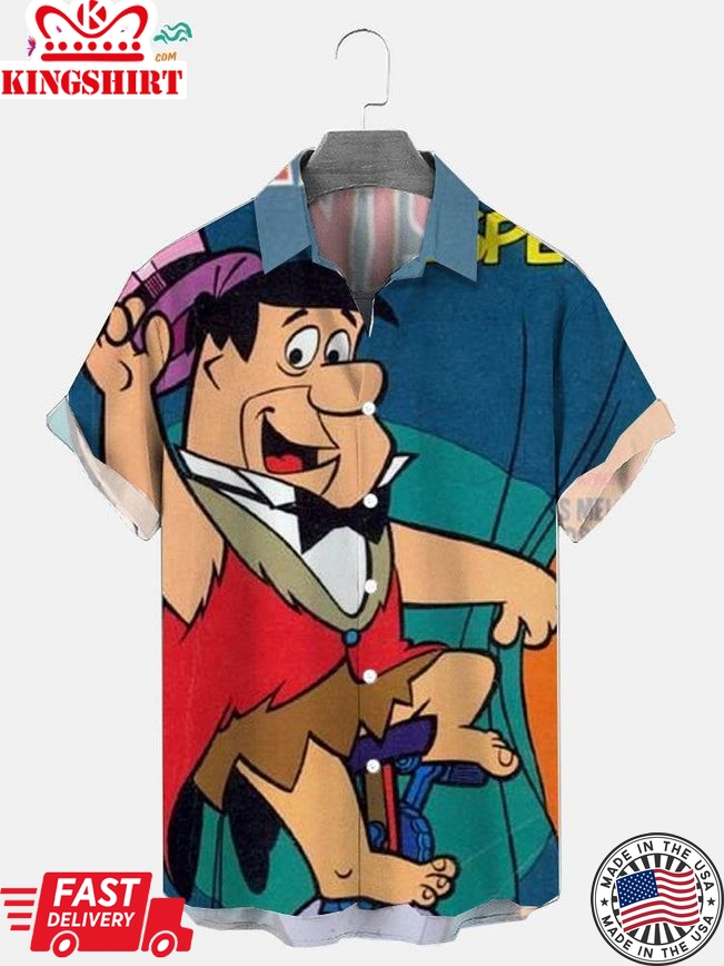 Men's Retro Flintstones Barney And Fred Bowling Print Aloha Shirt