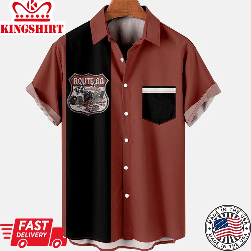 Men's Route 66 Vintage Cars Print Casual Breathable Chest Pocket Short Sleeve Trendy Hawaiian Shirts