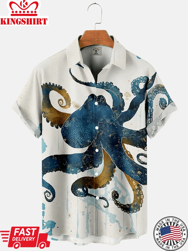 Men's Sea Life Octopus Ink Splatter Short Sleeve Trendy Hawaiian Shirt