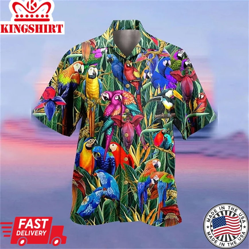 Men's Shirt Summer Trendy Hawaiian Shirt, Camp Collar Shirt Graphic Shirt Aloha Shirt, Parrot Turndown Yellow Light Green Pink Red Blue 3D Print