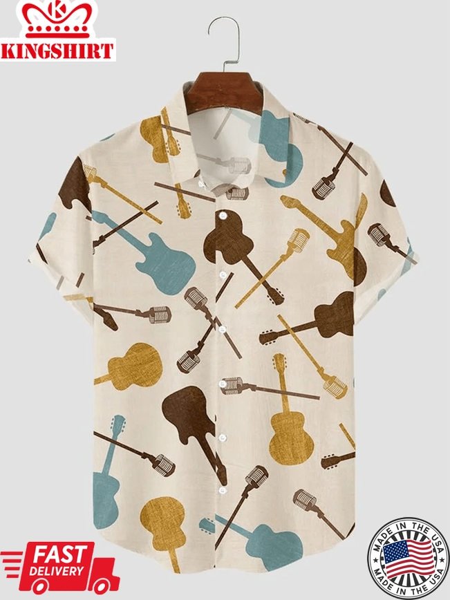 Men's Simple Music Guitar Print Casual Shirt, Trendy Hawaiian Shirt For Men