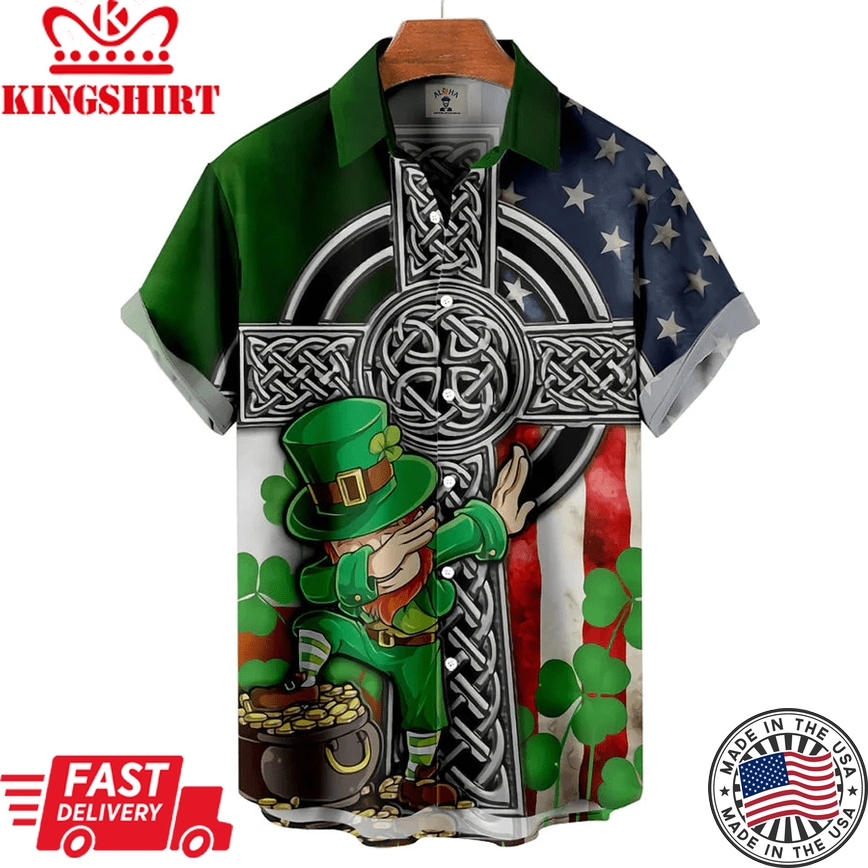 Men's St. Patrick's Day Fun Flag Panel Print Short Sleeve Trendy Hawaiian Shirt