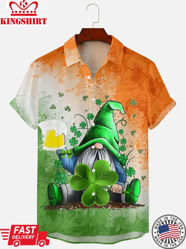 Men's St. Patrick's Day Printed Shirt, Gnome Trendy Hawaiian Shirt