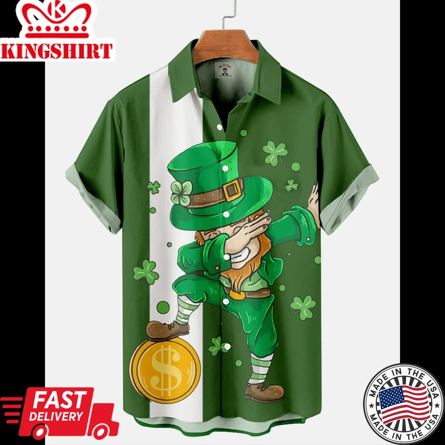 Men's St. Patrick's Day Spooky Elf Print Color Block Short Sleeve Trendy Hawaiian Shirt