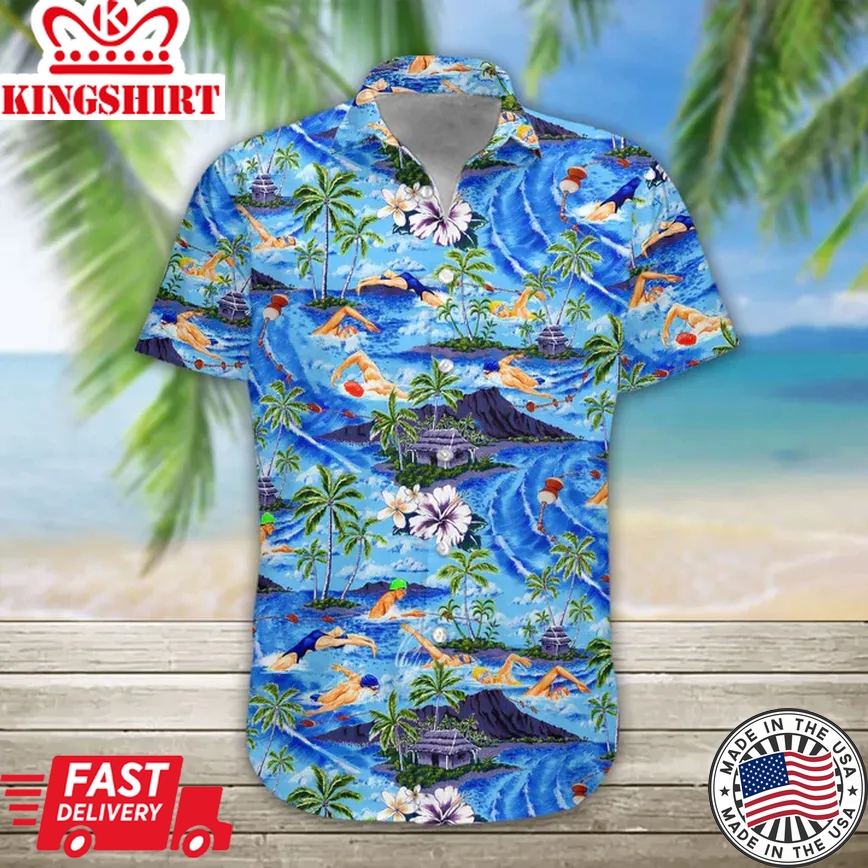 Men's Trendy Hawaiian Shirt, Swimming Hawaii Shirt, Trendy Hawaiian Shirts For Men Short Sleeve Aloha Beach Shirt