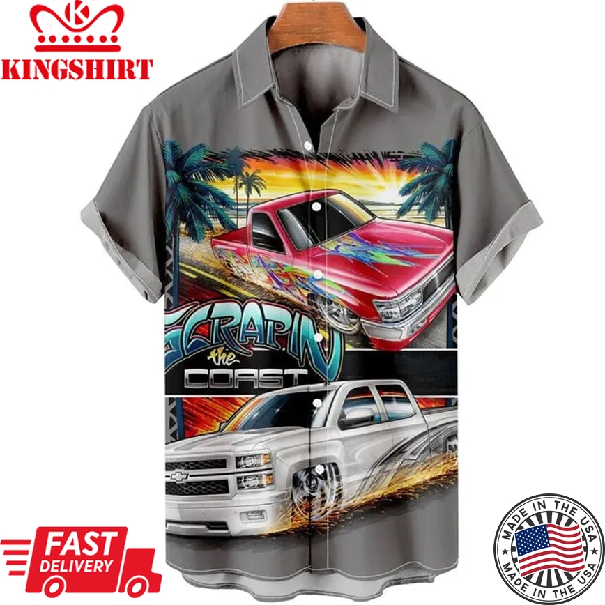 Men's Vintage Cars Print Casual Short Sleeve Trendy Hawaiian Shirts For Men, Women