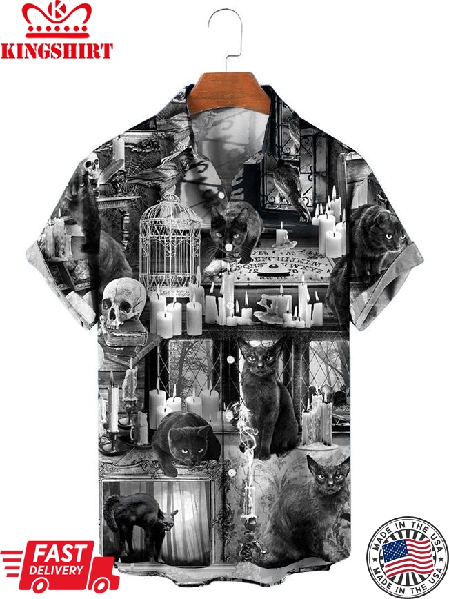 Men's Vintage Cat Skull Print Short Sleeve Shirt