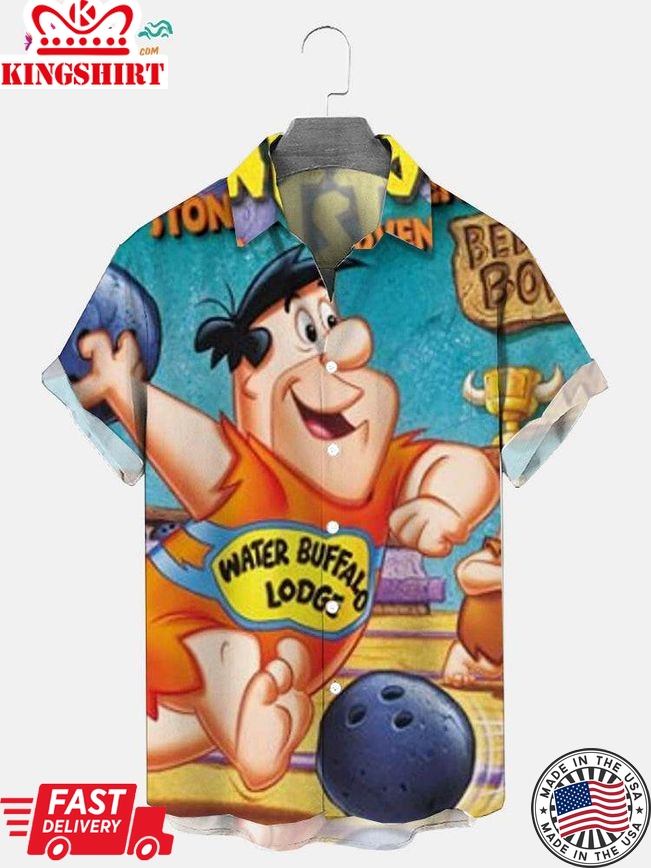 Men's Vintage Flintstones Barney And Fred Bowling Print Aloha Shirt