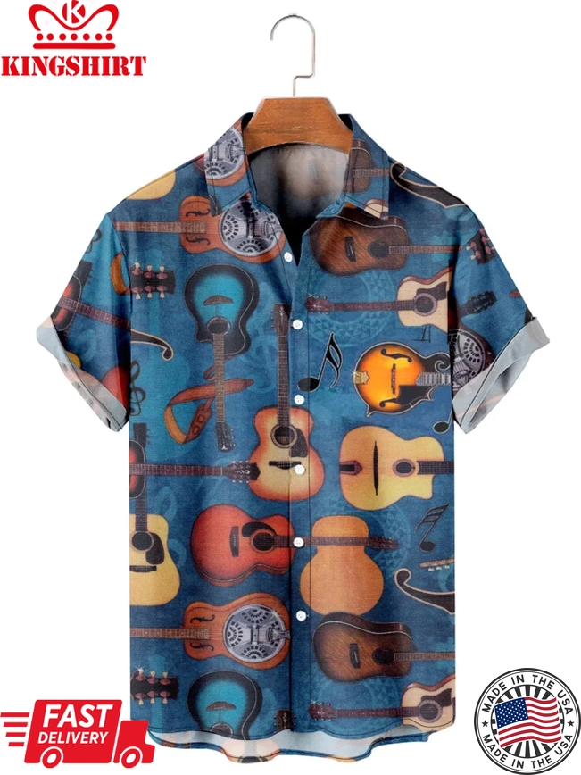 Men's Vintage Guitar Print Short Sleeve Shirt Trendy Hawaiian Shirt For Men, Guitar Aloha Shirt, Gift For Guitar Lover