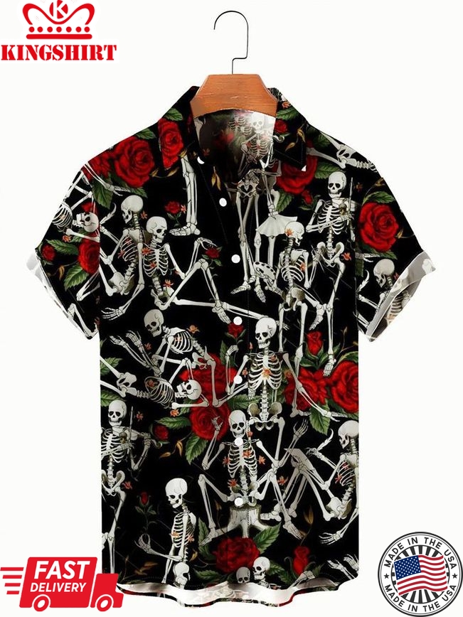 Men's Vintage Rose Skull Ball Print Short Sleeve Shirt