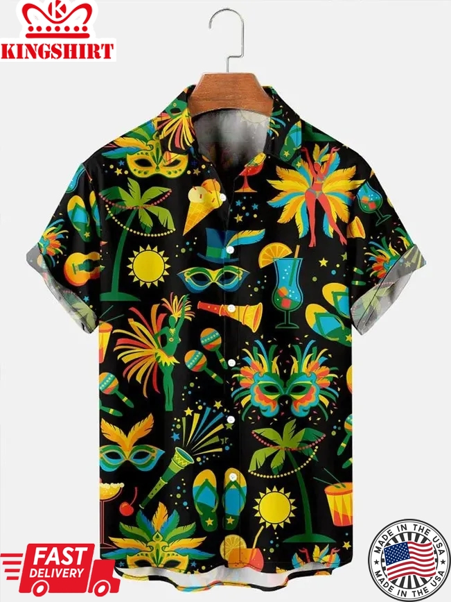 Men's Vintage Shirts Mardi Gras Graphic Casual Breathable Short Sleeve Trendy Hawaiian Shirt