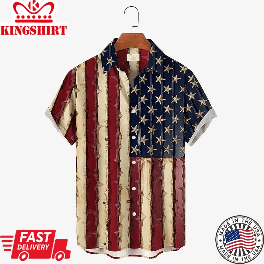 Men's Vintage Textured American Flag Plus Size Trendy Hawaiian Shirt For Men And Women