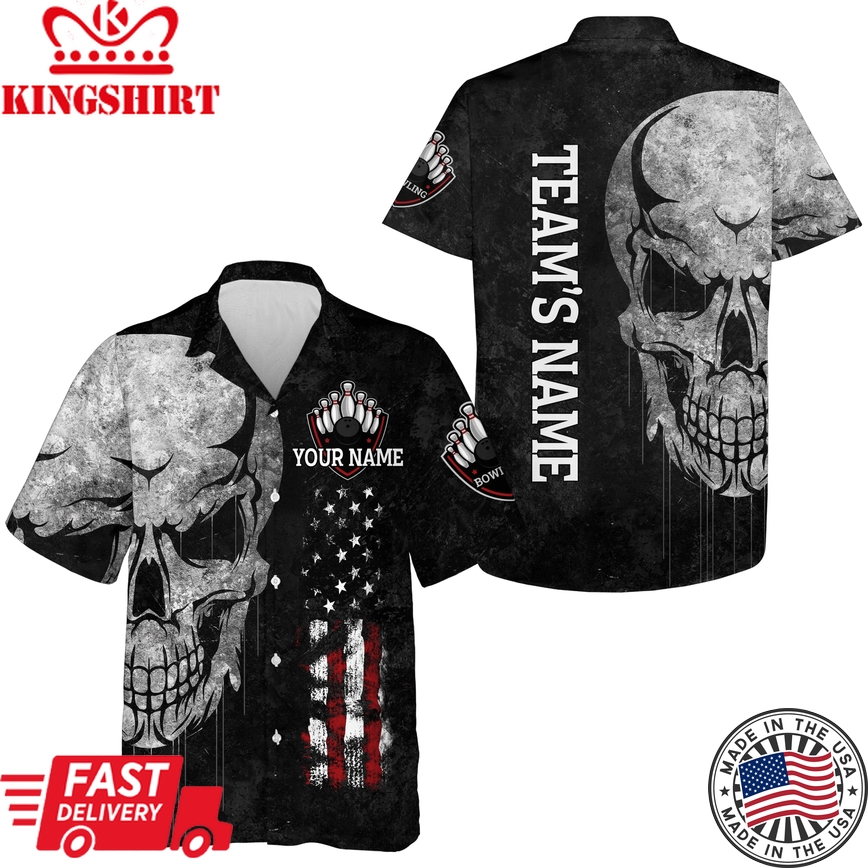 Men Women Skull Hawaiian Bowling Shirt, Patriotic Custom Name Black Bowlers Jersey American Flag