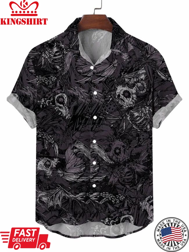 Mens Casual Skull Short Sleeve Shirt Button Down Shirt