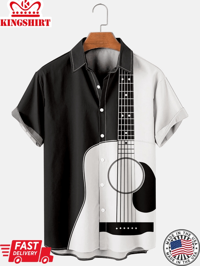 Mens Folk Pop Guitar Print Casual Short Sleeve Trendy Hawaiian Shirts